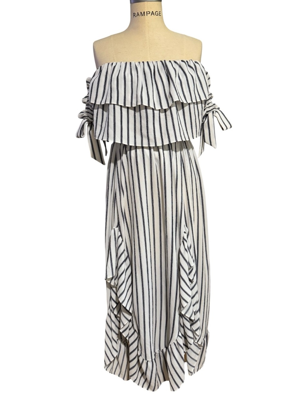 MISA LOS ANGELES ROSA STRIPED OFF SHOULDER RUFFLE MIDI DRESS SIZE M - Picture 6 of 12